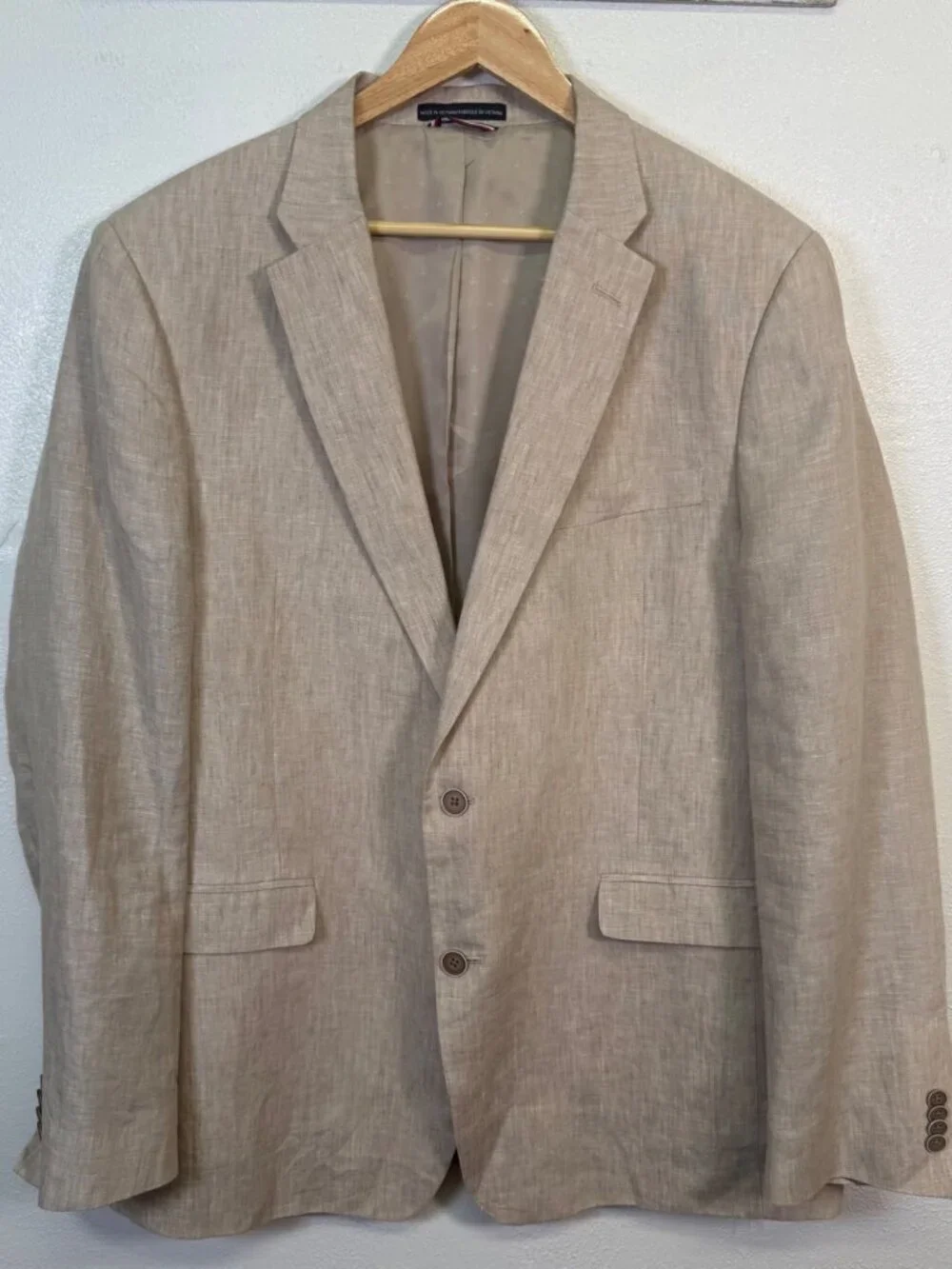 Tommy Hilfiger 44L Tan Linen Sport Coat Modern Fit Summer Wedding Blazer Preppy
